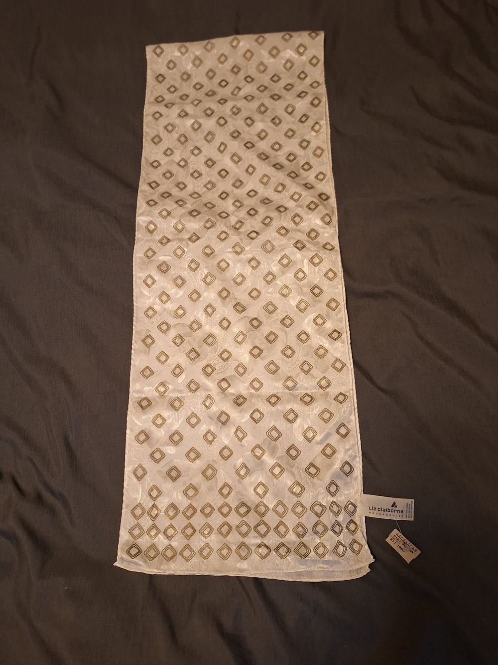 Vintage Liz Claiborne Silk Geometric Scarf Off White Gold Metallic Made In Japan